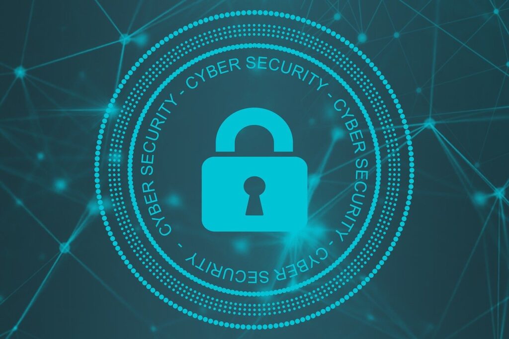 blue-green image with a lock in the foreground, surrounded by the words Cyber Security