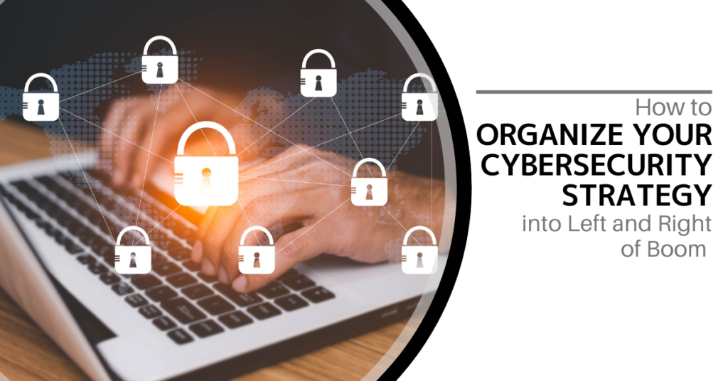 small locks over a keyboard with the words "How to Organize Your Cybersecurity Strategy into Left and Right of Boom" on the right