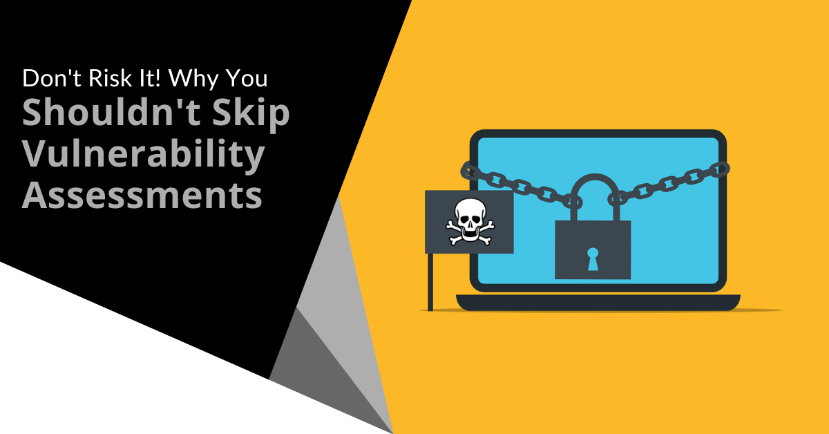 yellow background with a blue laptop and an illustration of a lock and a pirate flag to demonstrate cyber security assessments