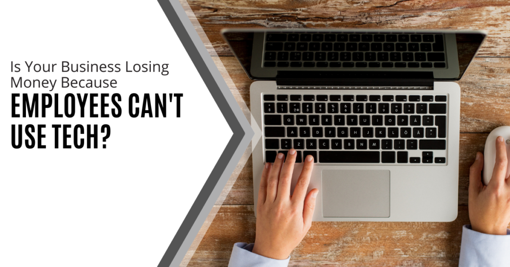 Is your business losing money? Words are placed next to a laptop