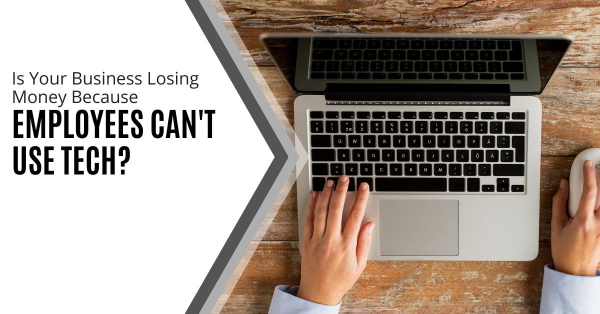 Is your business losing money? Words are placed next to a laptop