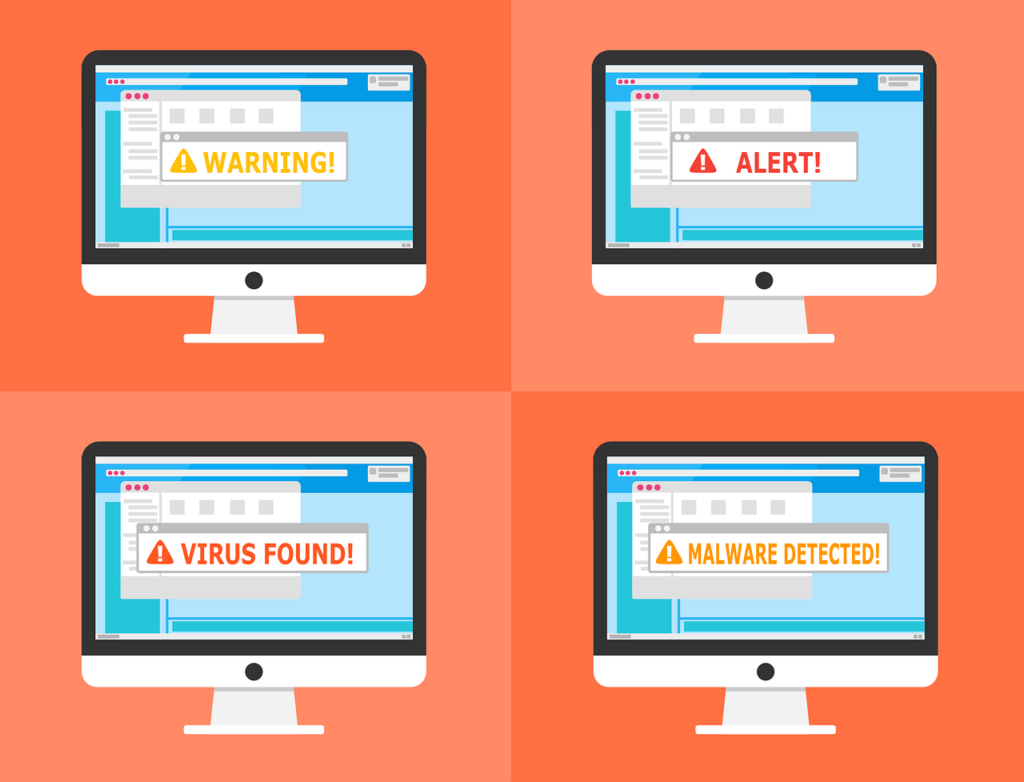 Illustration of computer screens with various warning and alert pop ups on them.